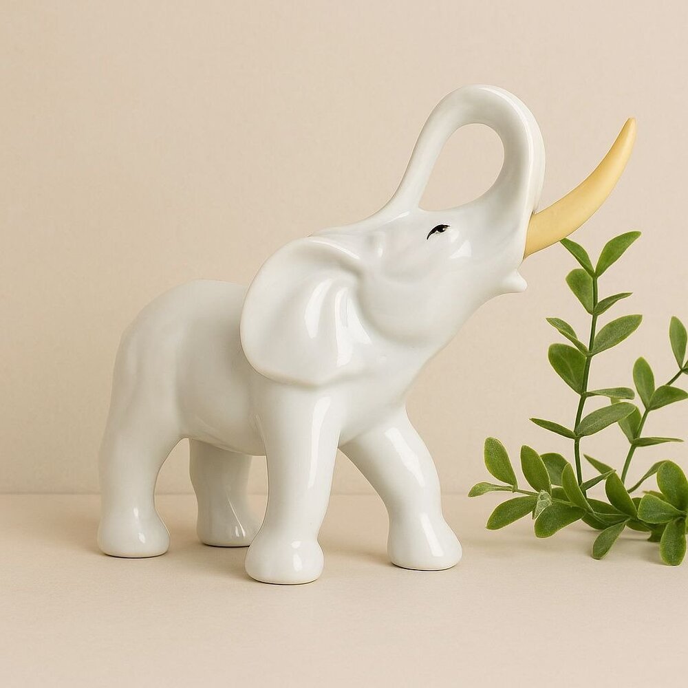 ArtMark White Elephant Figurine VTG Ceramic Upturned Trunk MCM Boho Animal Decor